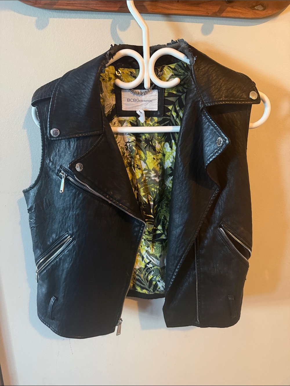 BCBGeneration Black Faux Leather Moto Vest with Yellow Floral Lining